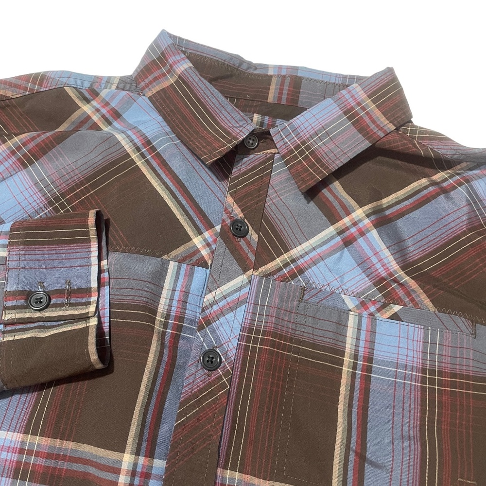 Prana Large Brown Blue Plaid Long Sleeve Button Down Pockets 100% Poly